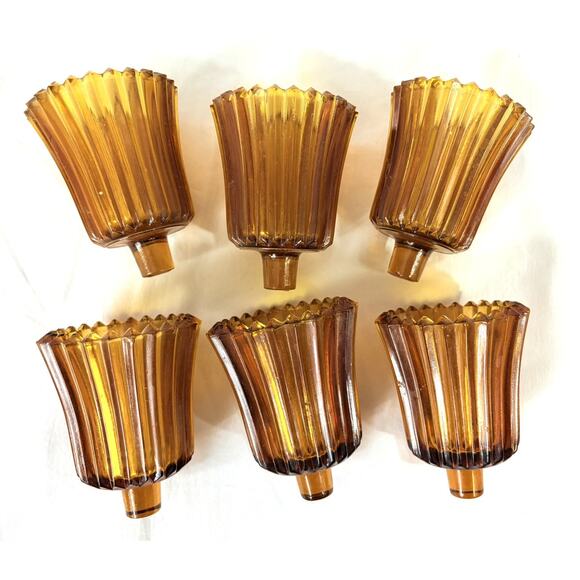 Vintage Homco Amber Glass Ribbed Peg Votive Cup Candle Holders - Set of 6 - Picture 1 of 4